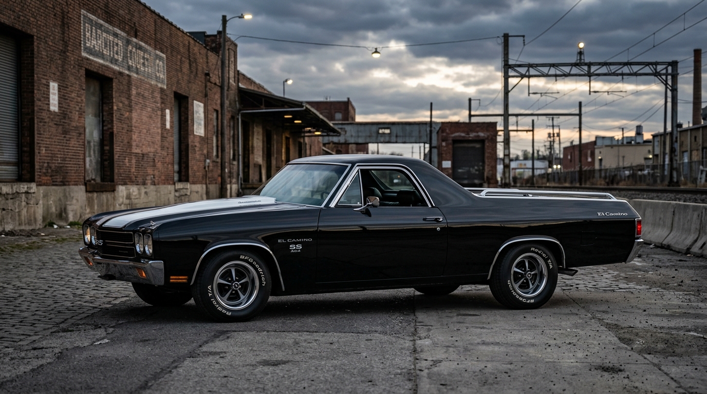 Chevy El Camino SS in profile showing muscle car front end with pickup truck bed