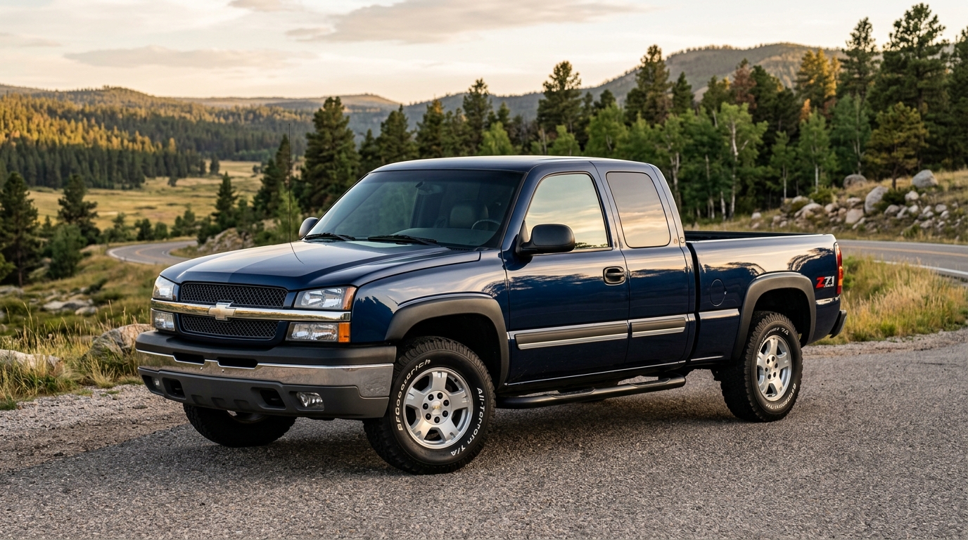 Chevrolet GMT800 Silverado 1500 generation hub showing 1999-2006 truck in three-quarter front view with Z71 off-road package, extended cab short bed configuration, golden hour lighting