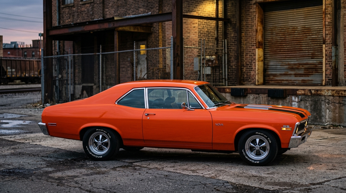 1970 Chevrolet Nova SS in Hugger Orange with black stripes, side profile view showing the compact muscle car design