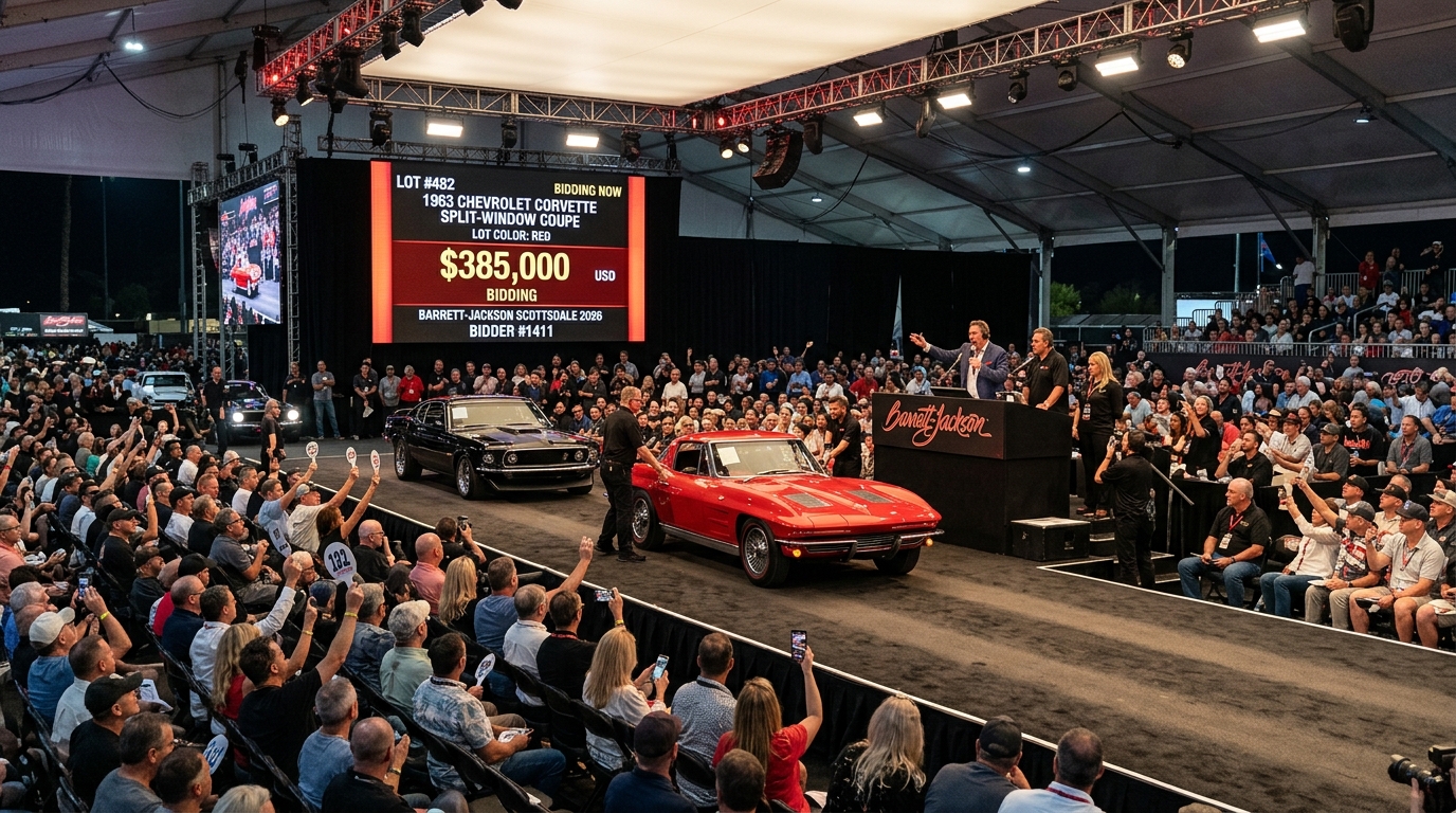 Classic car auction scene showing multiple collector cars crossing the auction block at Barrett-Jackson Scottsdale 2026 with auction tent, bidding crowd, and big screens showing prices