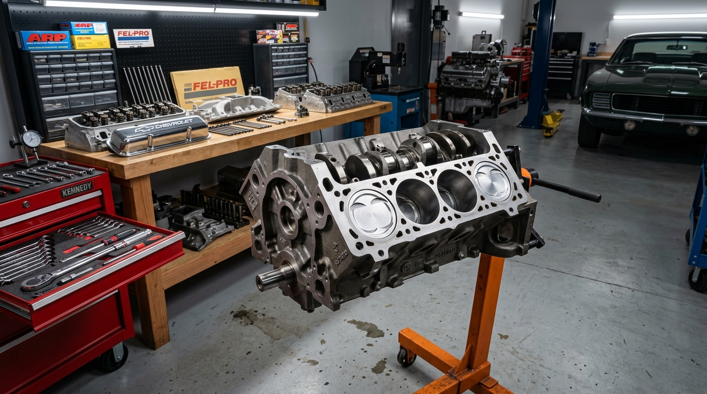 Classic car engine rebuild in progress — disassembled small-block V8 on an engine stand with machined block, pistons, and crankshaft visible in a professional shop