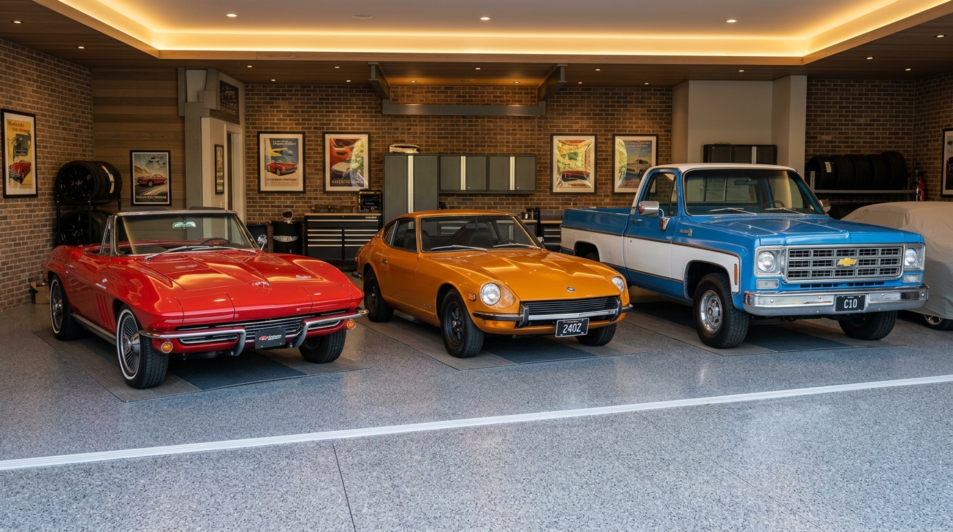 Classic car investment portfolio display showing multiple collector cars including a C2 Corvette, Datsun 240Z, and Squarebody C10 with market value charts and appreciation rate data