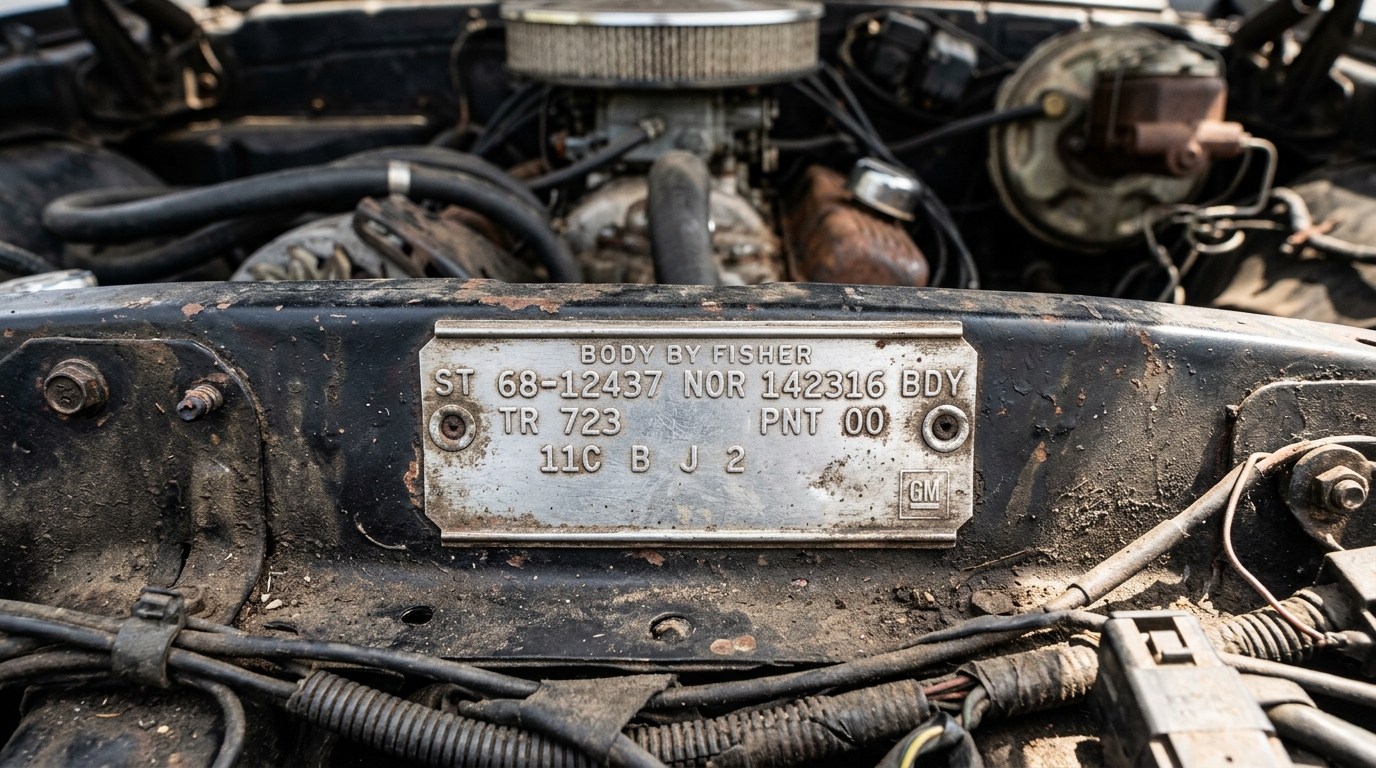 Classic car paint code chart on a GM cowl tag, close-up view of the body data plate