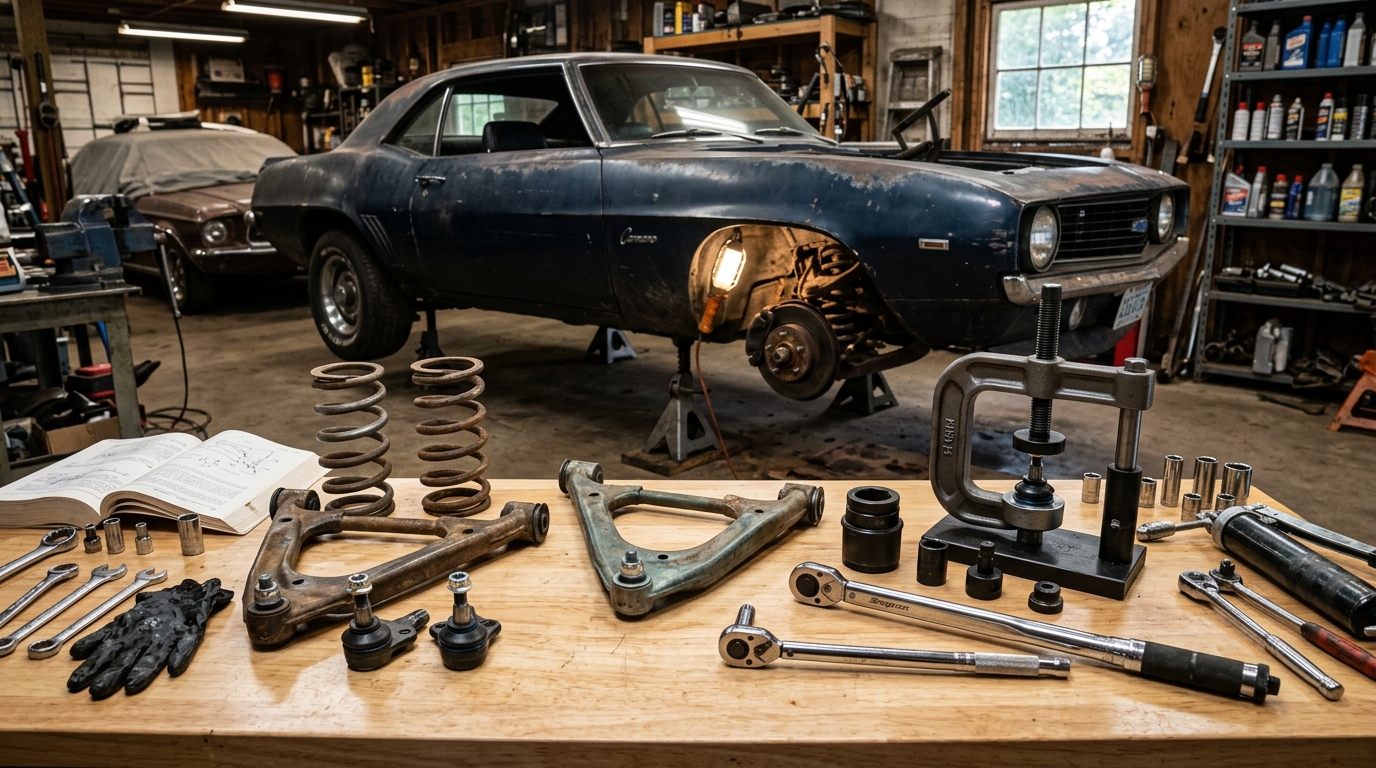 Classic car front suspension restoration in progress: A-arms, coil springs, and ball joints disassembled on a workbench with restoration tools