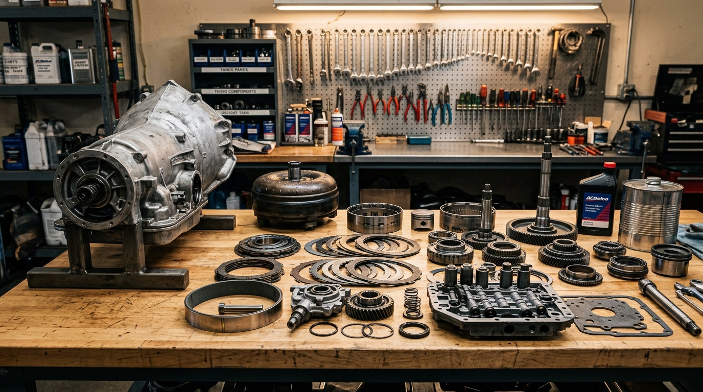 Classic car automatic transmission rebuild scene showing a TH350 transmission disassembled on a workbench with clutch packs, band, pump, and valve body visible in a professional transmission shop