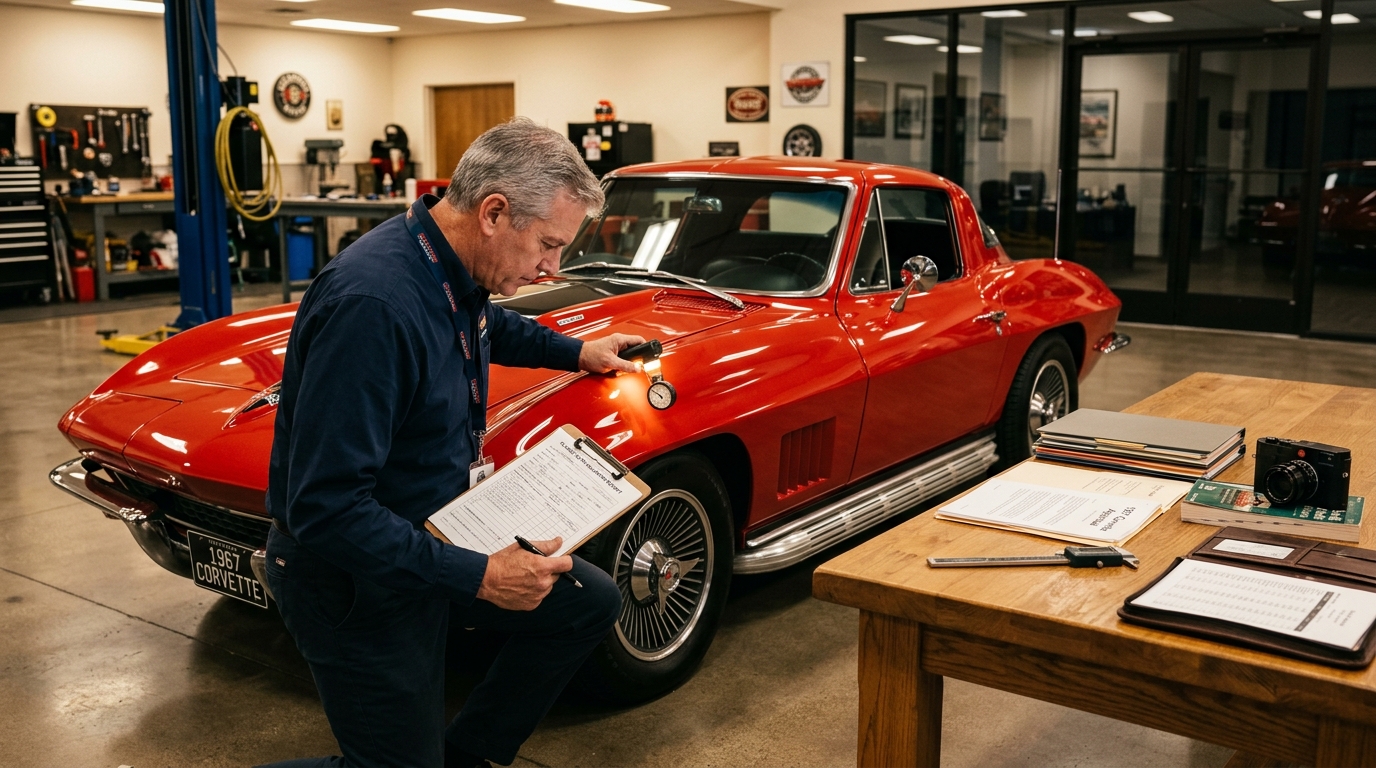 Classic car valuation expert inspecting a 1967 Chevrolet Corvette with clipboard and inspection tools in a professional appraisal setting
