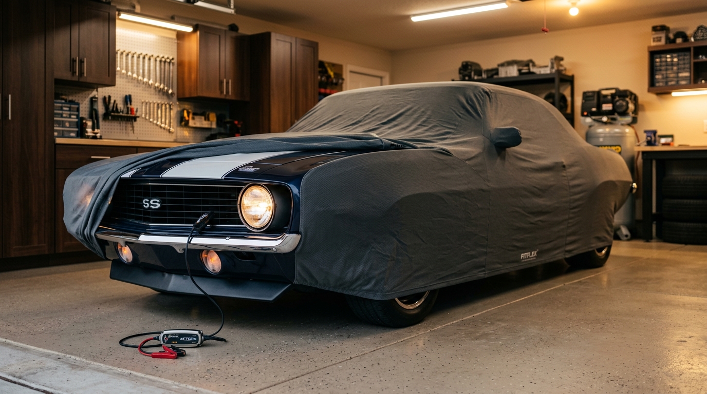 Classic muscle car under a fitted fabric car cover in a garage with the front grille and one headlight visible beneath the cover edge