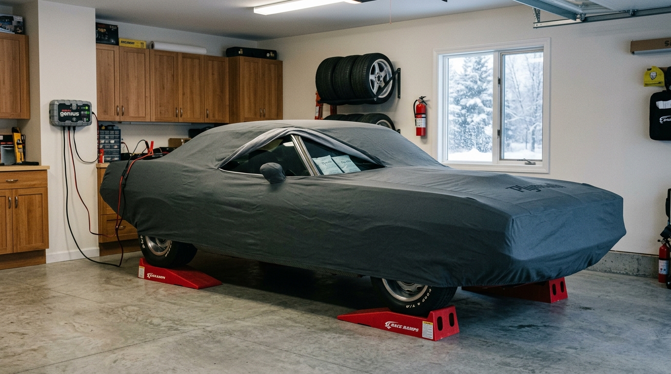 Classic car in winter storage with breathable cover, battery maintainer connected, and tire saver ramps