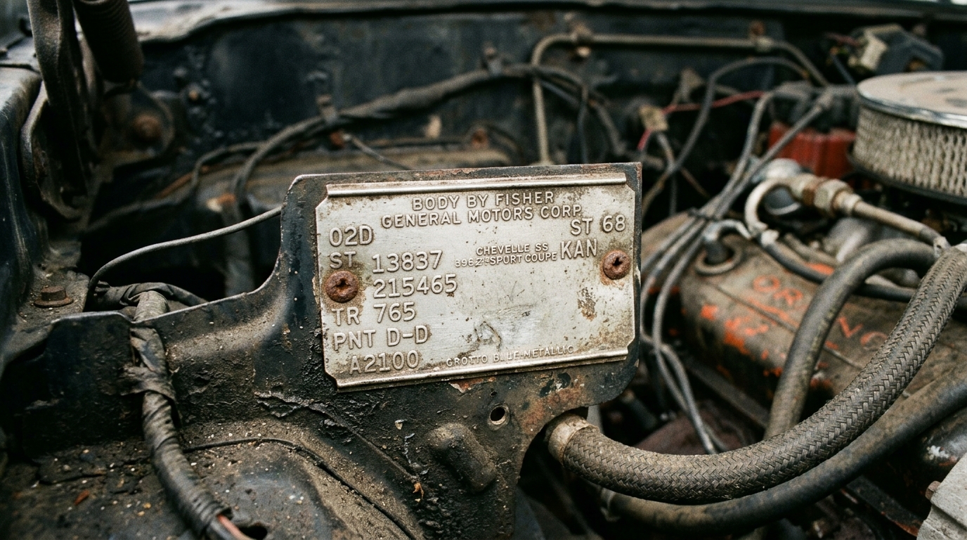 Classic car engine compartment showing firewall data plate