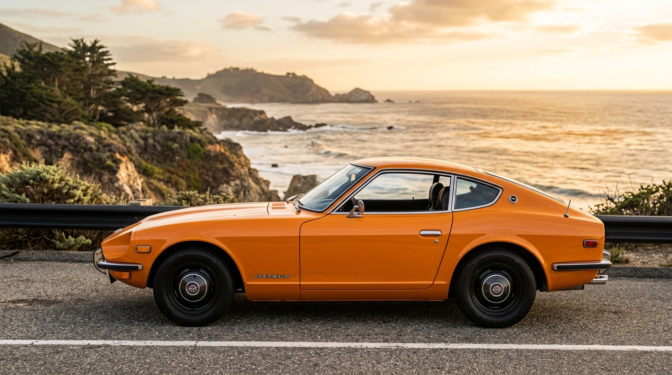 Datsun 240Z in profile showing long hood and fastback design