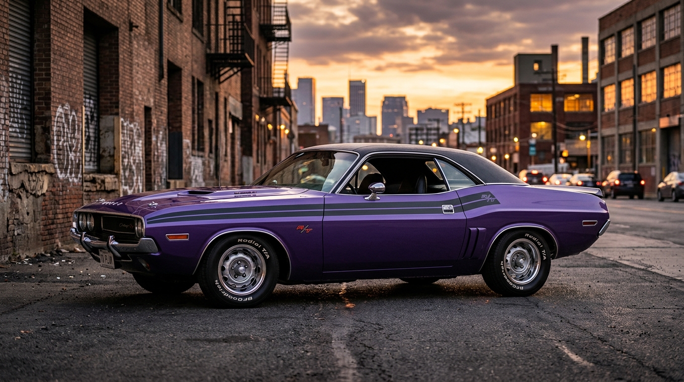 Dodge Challenger R/T in profile showing aggressive E-body Mopar pony car styling