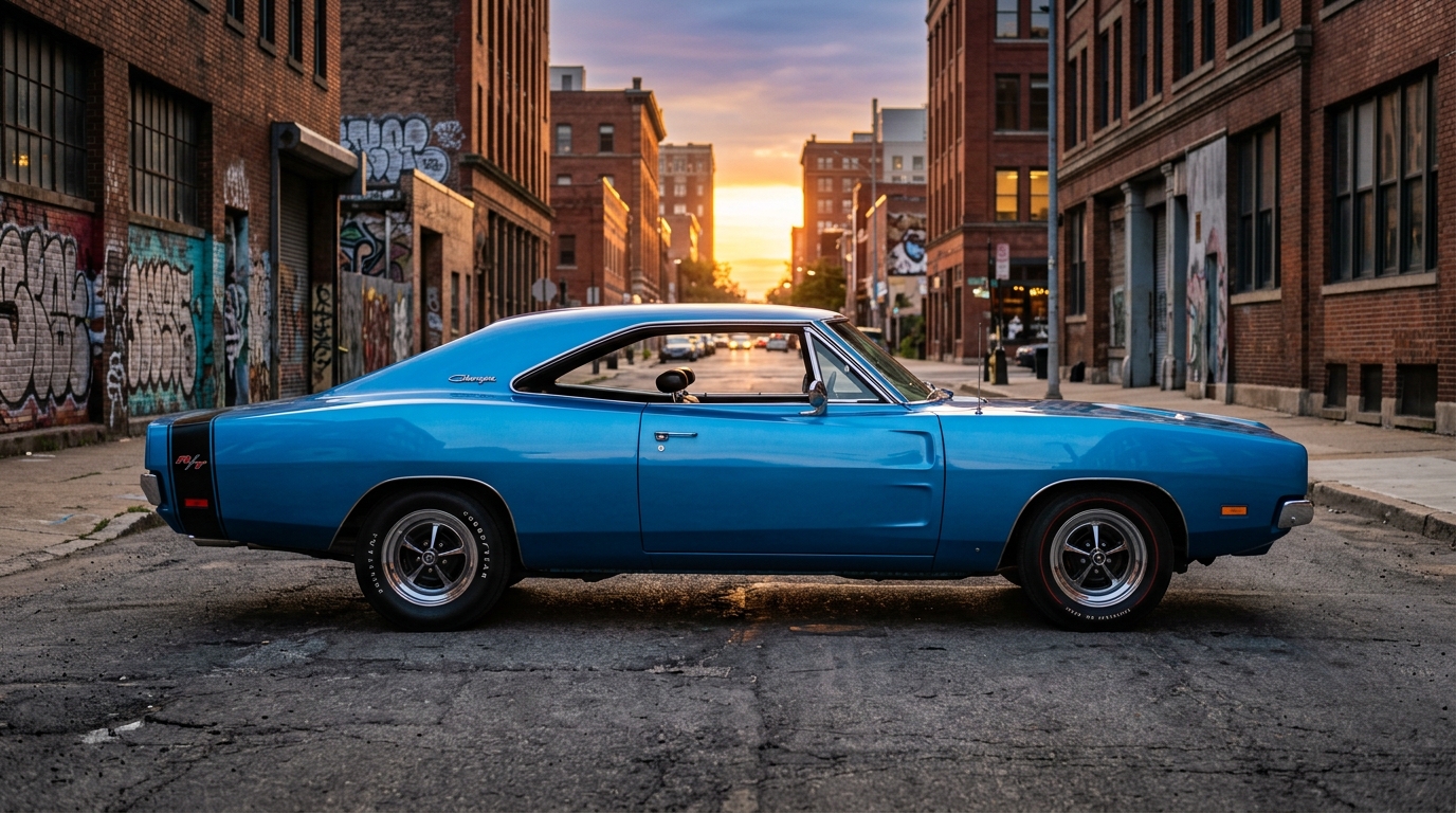 Dodge Charger R/T in profile showing aggressive B-body Mopar muscle car styling