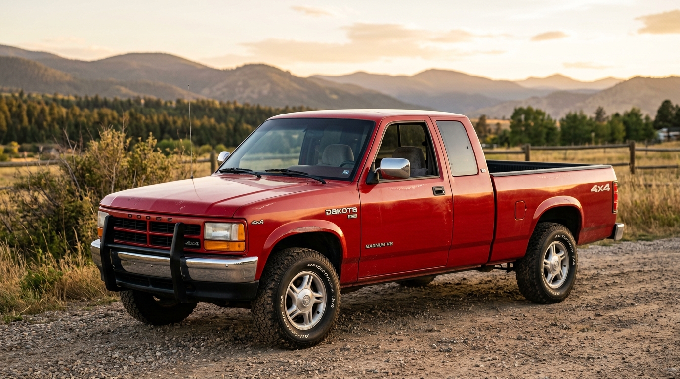 Dodge Dakota first generation 1987-1996 mid-size pickup truck in three-quarter front view showing the boxy styling and Magnum V8 badging