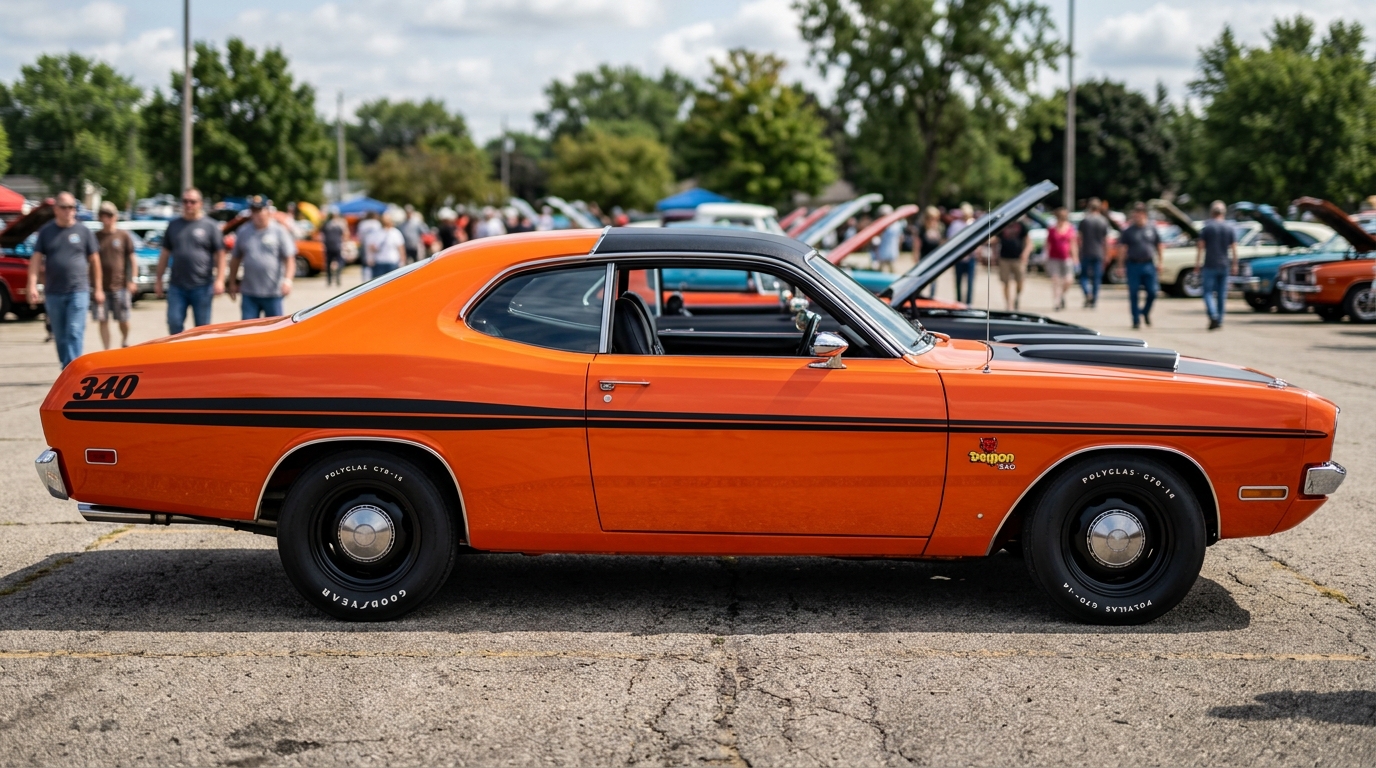 1971 Dodge Demon 340 compact muscle car side profile in Go Mango orange with black stripes