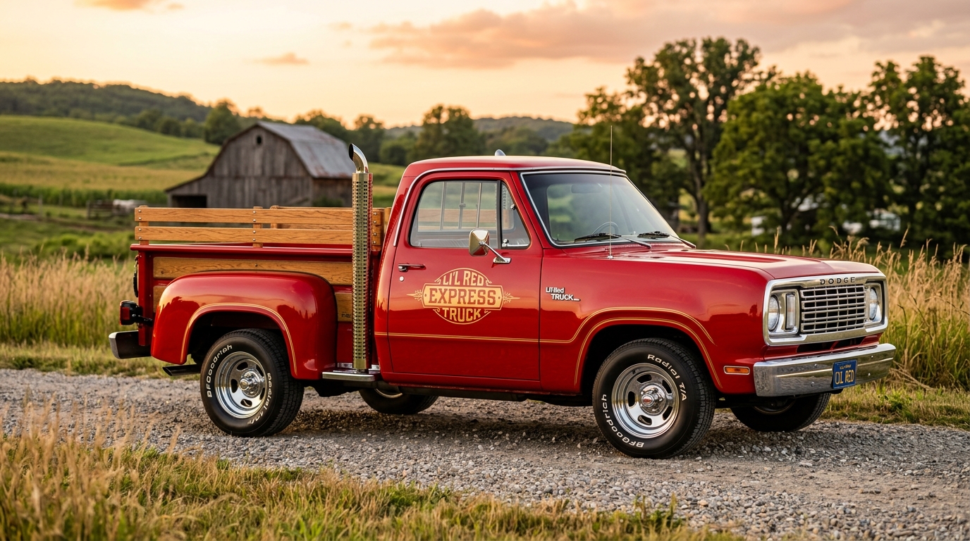 1978 Dodge D200 Li'l Red Express pickup truck side profile with stacked exhaust pipes and wood grain trim