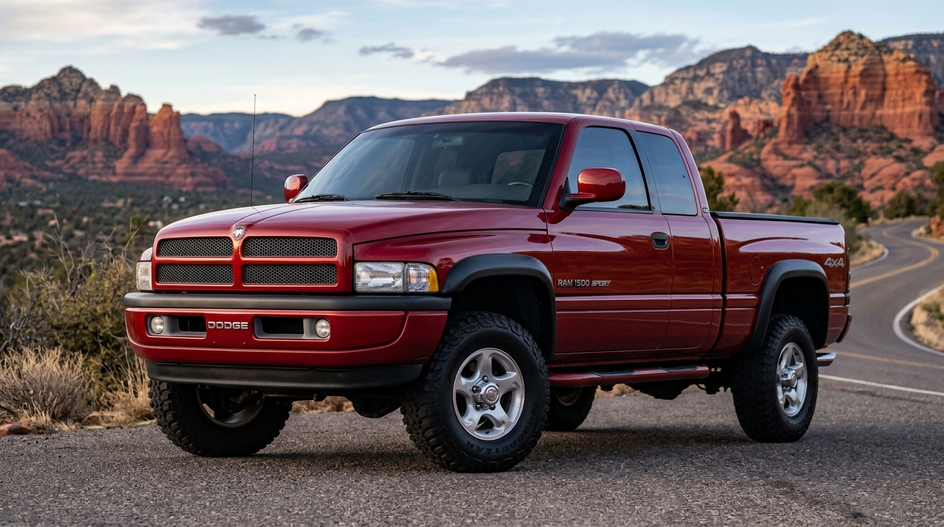 1998 Dodge Ram 1500 Sport 4x4 quad cab pickup truck three-quarter front view in red