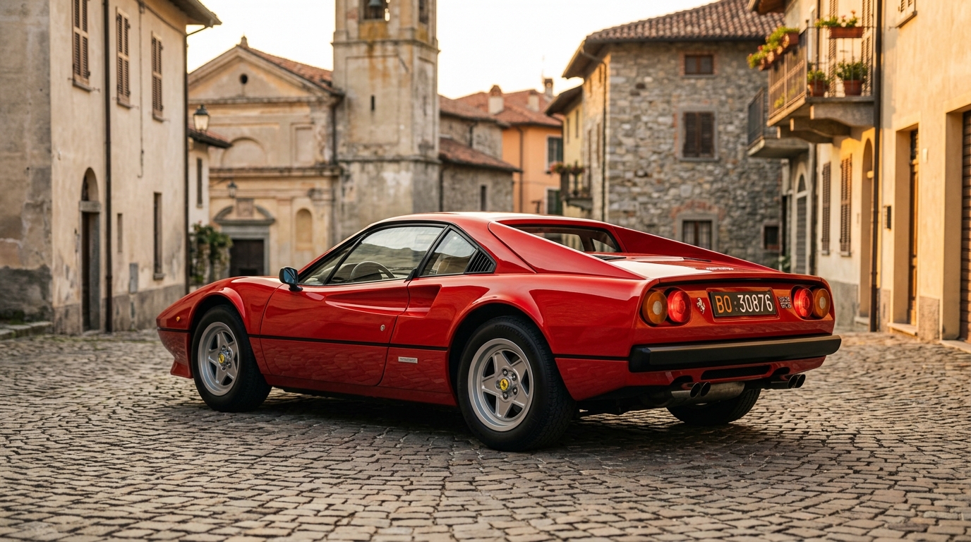Red Ferrari 308 GTB in three-quarter rear view showing flying buttress rear pillars and five-spoke alloy wheels on cobblestones