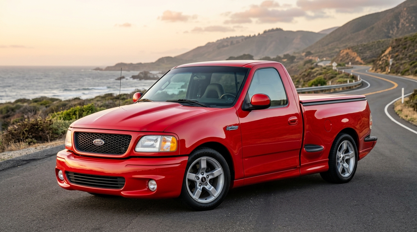 2001 Ford F-150 SVT Lightning pickup truck three-quarter front view in bright red