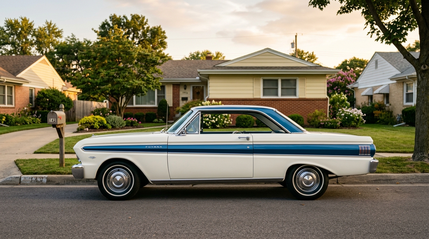 1964 Ford Futura Sport Coupe in two-tone white and blue, side profile view