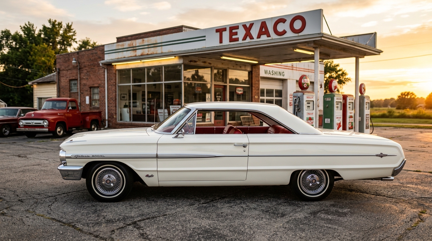 Ford Galaxie 500 in profile showing full-size muscle car design with big-block V8 and NASCAR heritage