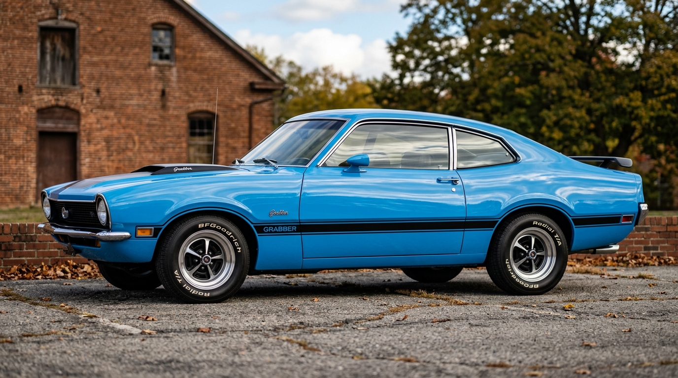 1972 Ford Maverick Grabber compact muscle car side profile in Grabber Blue with sport stripes