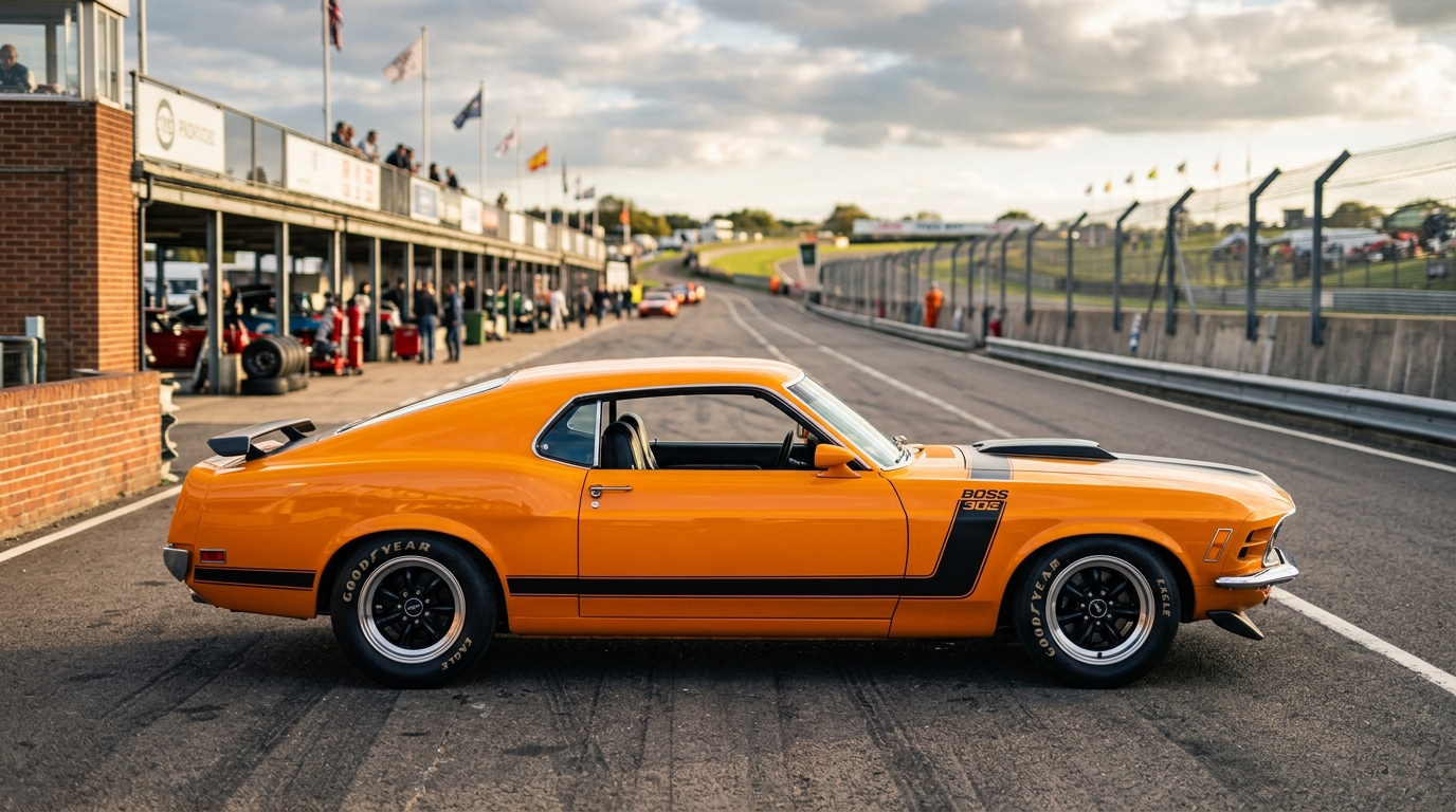 Ford Mustang Boss 302 in profile showing aggressive Trans Am racing stance with front splitter and rear spoiler