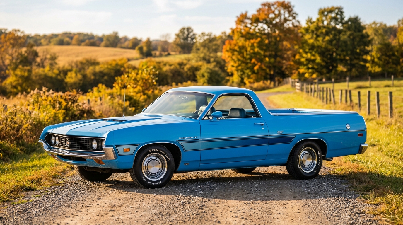 Ford Ranchero GT in profile showing car-based pickup design with muscle car front end and truck bed