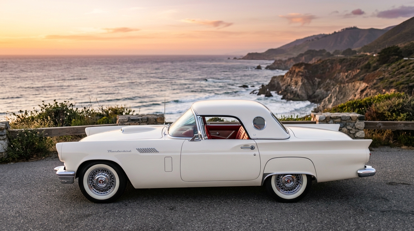 Ford Thunderbird in profile showing personal luxury car design with two-tone paint and chrome accents