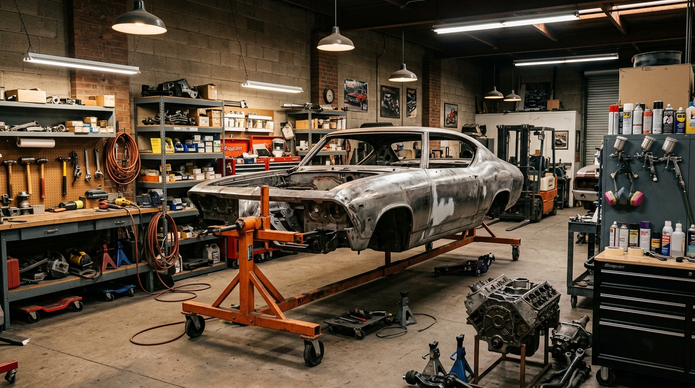 Classic car restoration in progress showing a 1960s muscle car body on a rotisserie in a professional restoration shop with bodywork, paint, and mechanical components visible