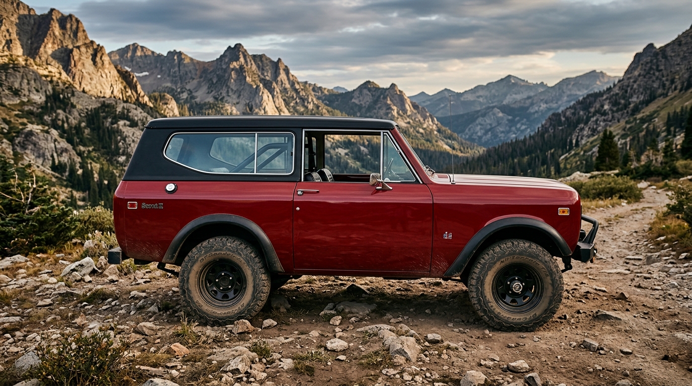 International Harvester Scout II in profile showing rugged truck-based SUV design with removable top