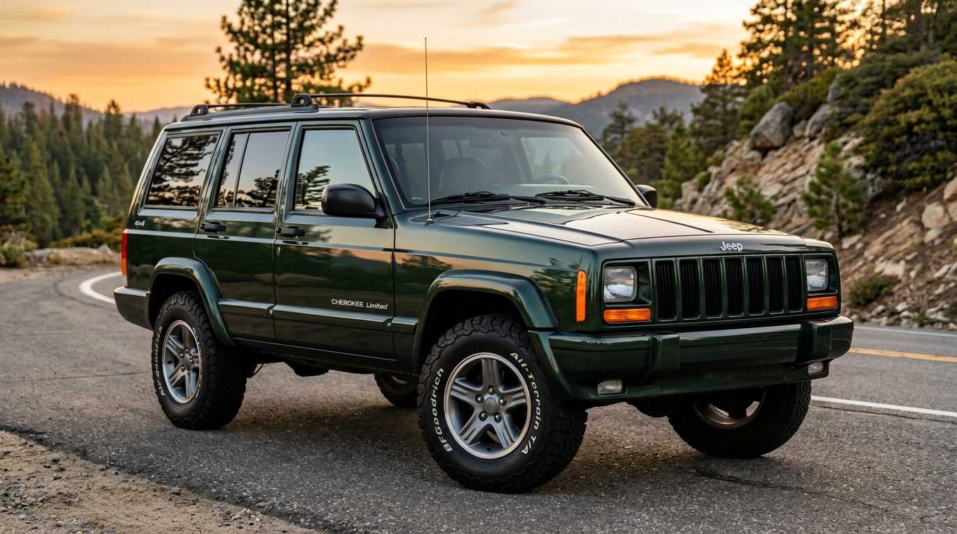 Jeep Cherokee XJ generation hub showing 1997-2001 model in three-quarter front view with 4.0L inline-6 engine, Limited trim, 4x4 badge, and Select-Trac transfer case in golden hour lighting