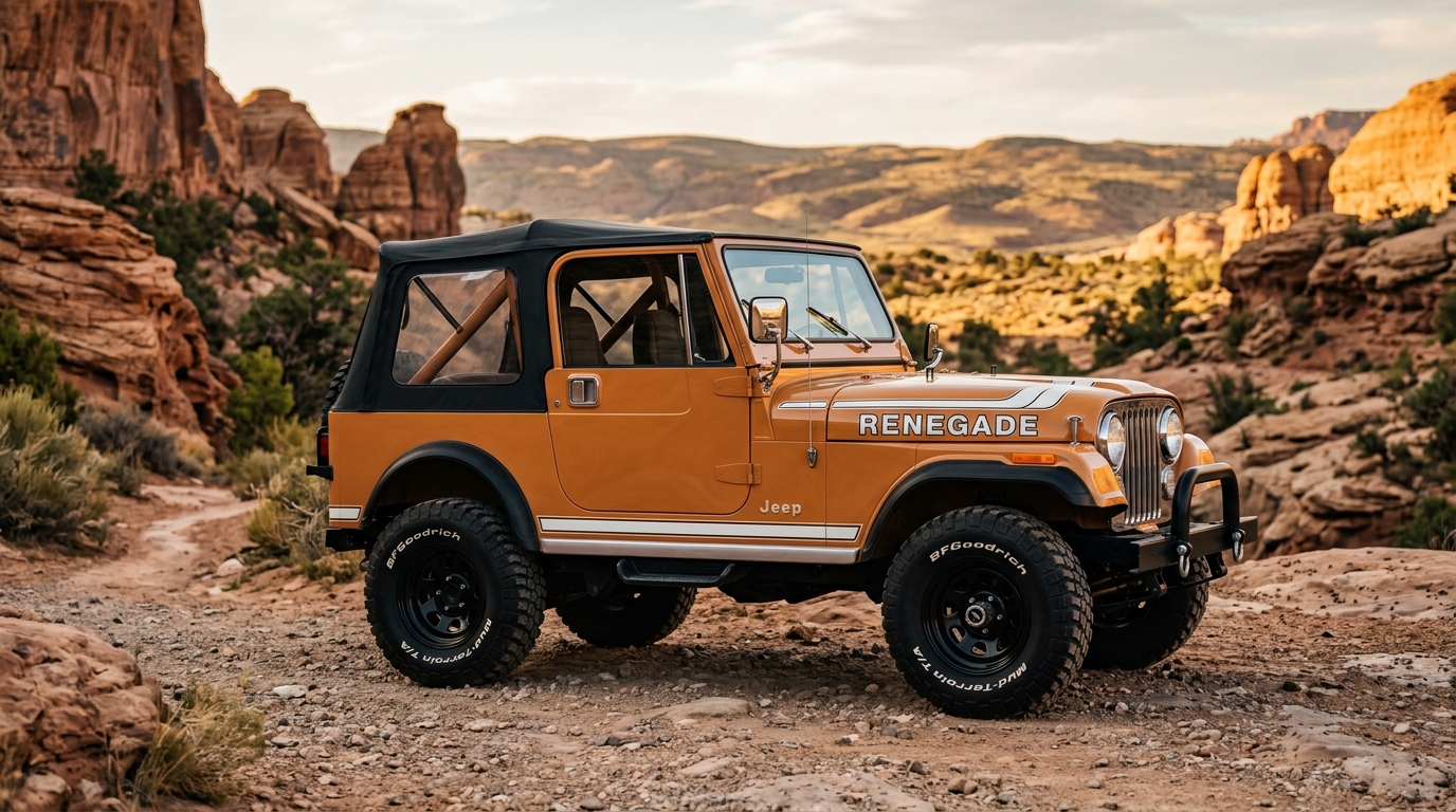 Jeep CJ-7 in profile showing classic utilitarian 4x4 design with round headlights and seven-slot grille