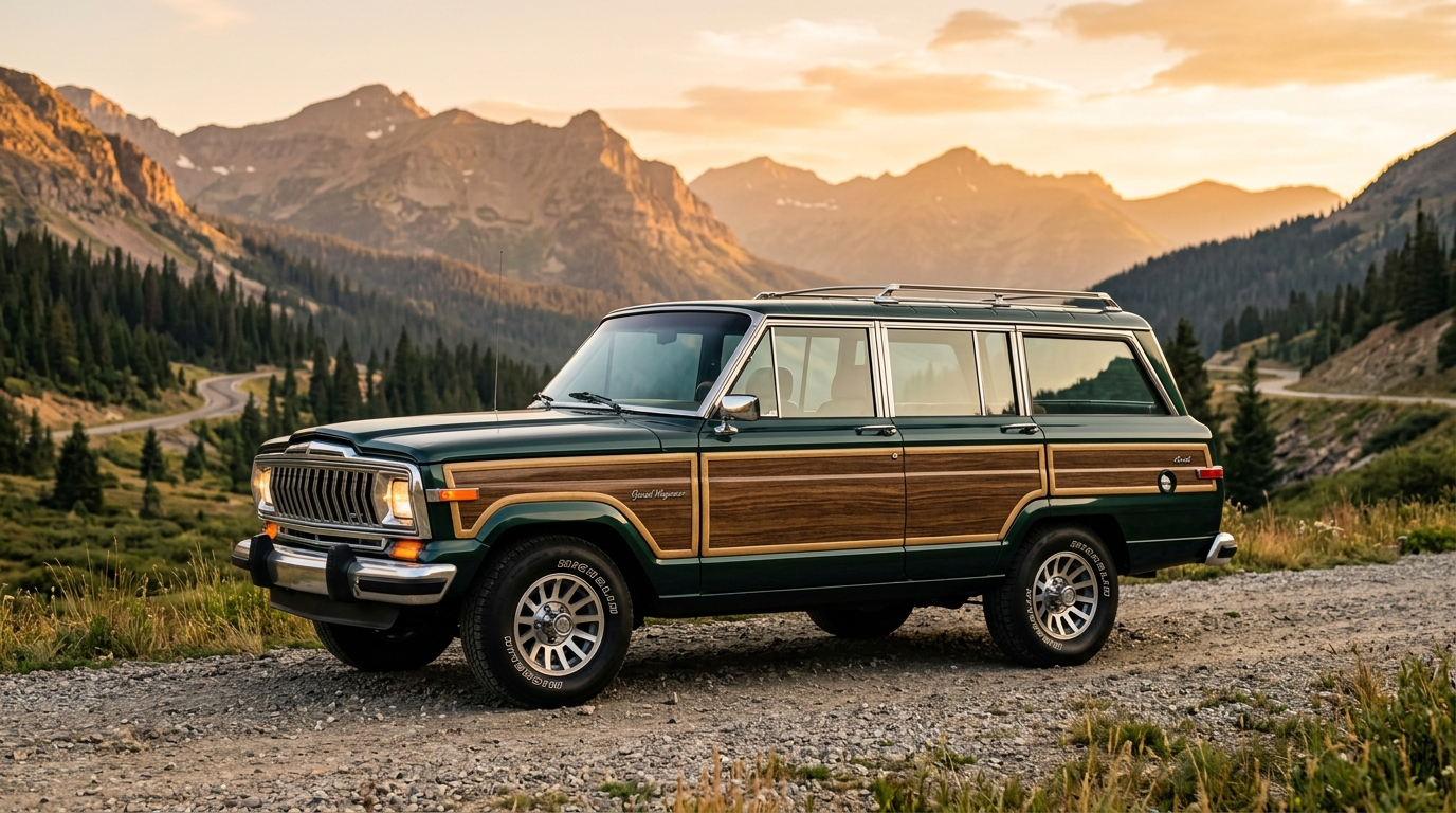 Late-model Jeep Grand Wagoneer SJ in dark green with woodgrain side panels parked in profile view showing the signature woodgrain trim, chrome grille, and quad headlights