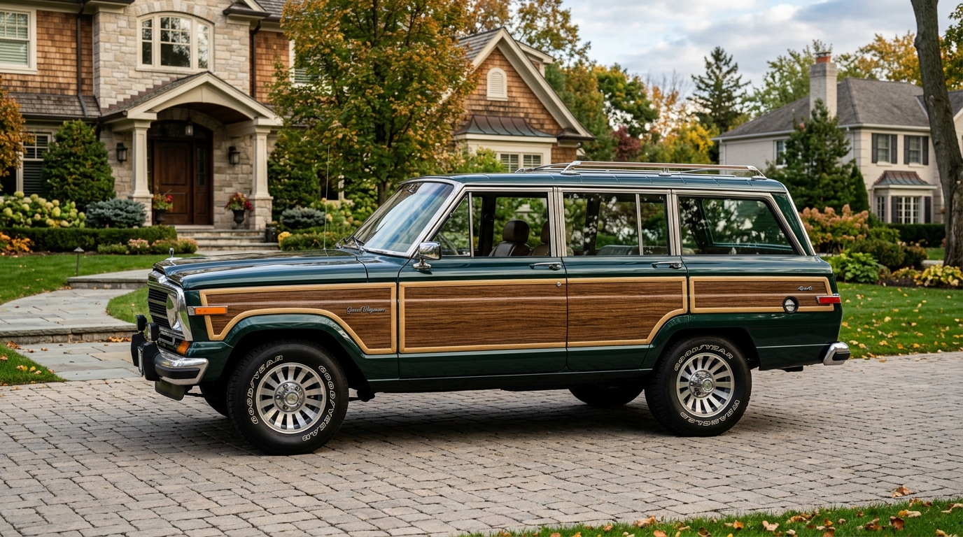1989 Jeep Grand Wagoneer SJ luxury SUV side profile with woodgrain panels in dark green