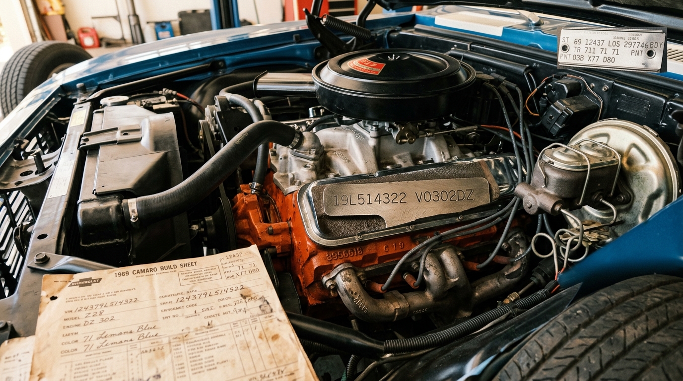 Classic car engine block showing VIN stamping and partial VIN on machined pad, with cowl tag and build sheet visible in foreground