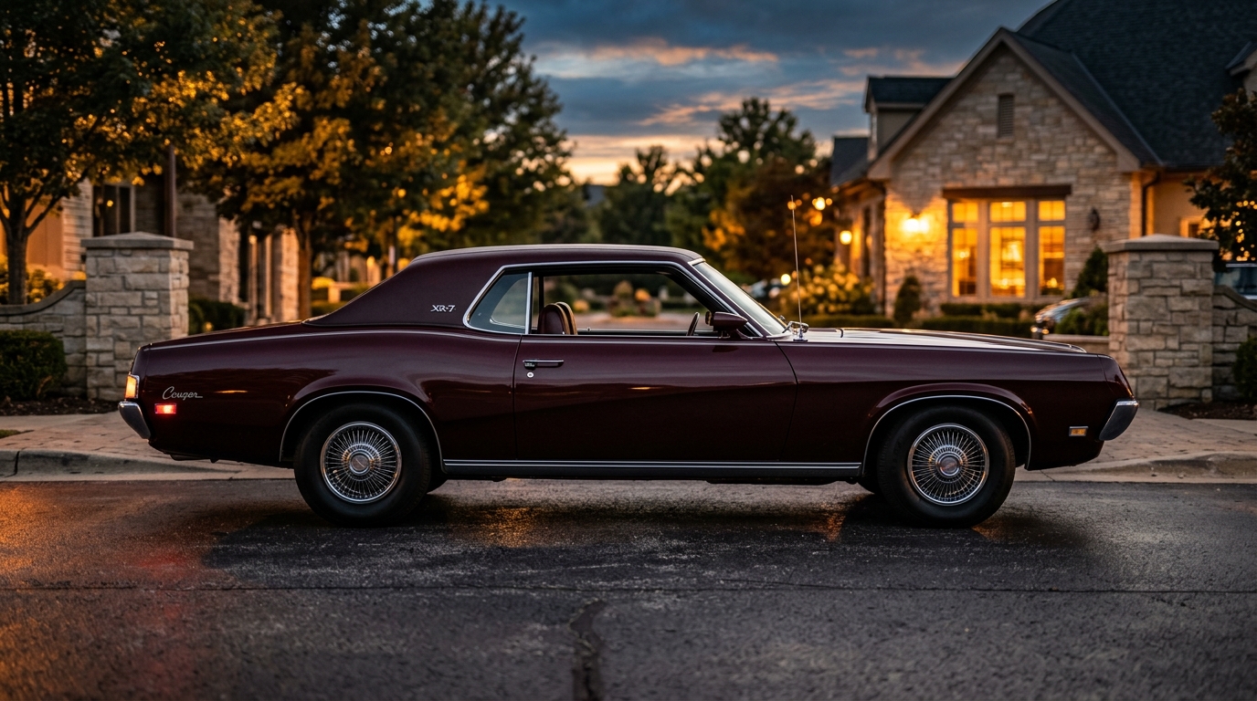 Mercury Cougar XR-7 in profile showing upscale F-body pony car styling with hidden headlights