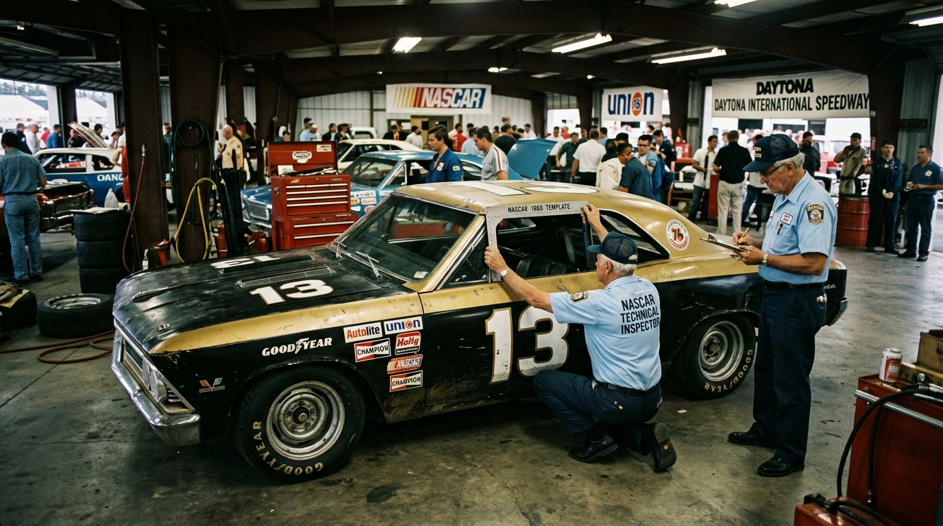 1966 Chevrolet Chevelle NASCAR stock car in black and gold livery parked at Daytona International Speedway with tech inspectors examining the bodywork with templates