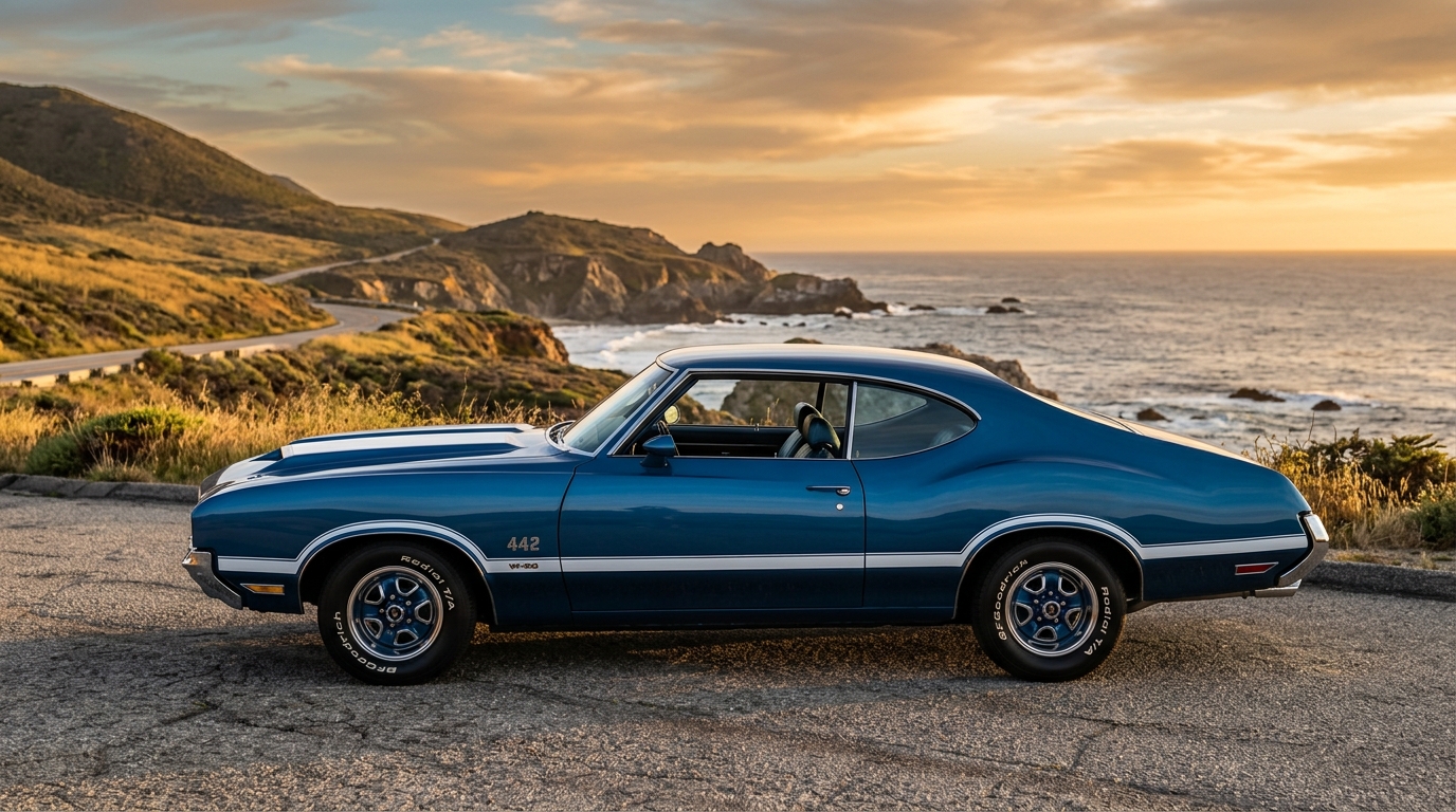 Oldsmobile 442 W-30 in profile showing GM A-body muscle car design with ram-air hood and 455 V8