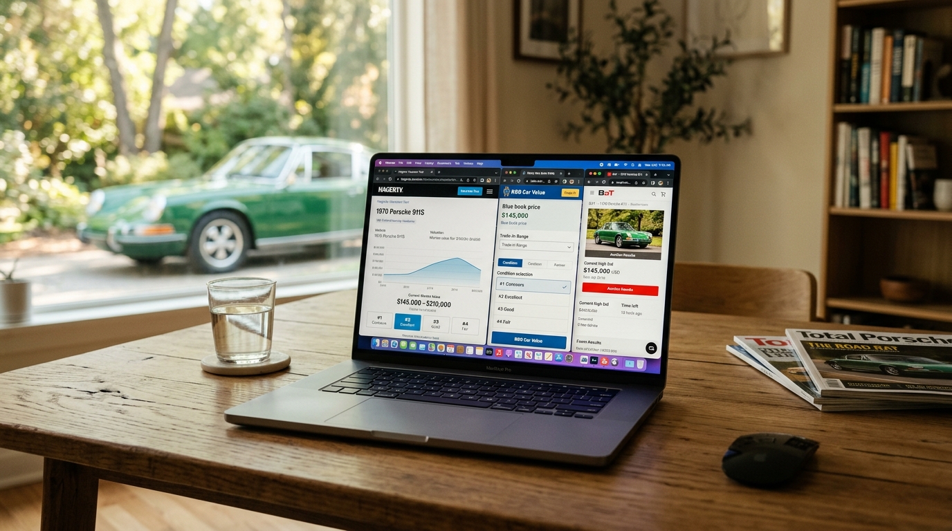 Online car appraisal tools comparison on a laptop screen showing multiple car value calculator interfaces with price ranges, condition selectors, and market data charts
