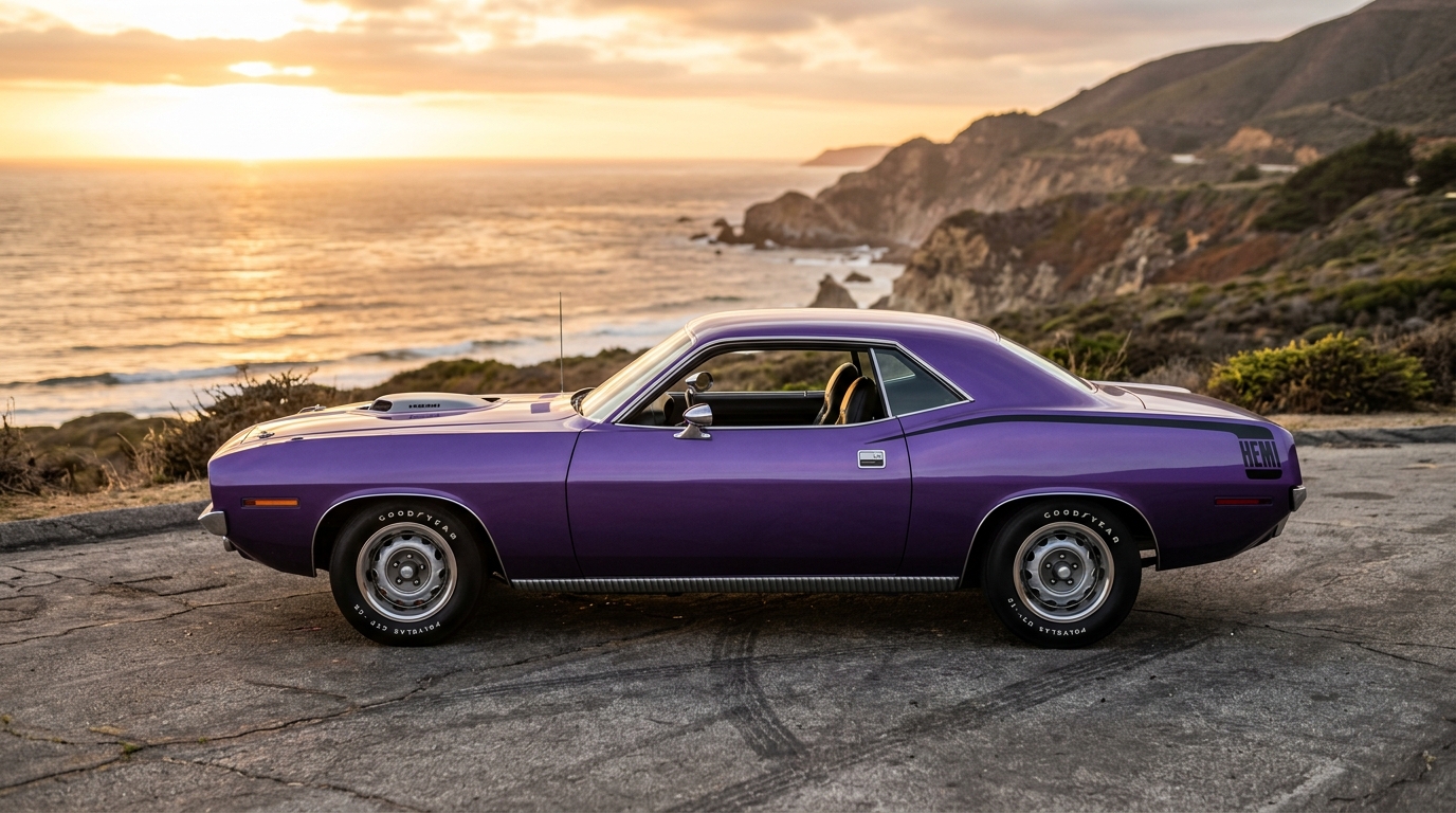 Plymouth Barracuda in profile showing aggressive E-body Mopar pony car styling