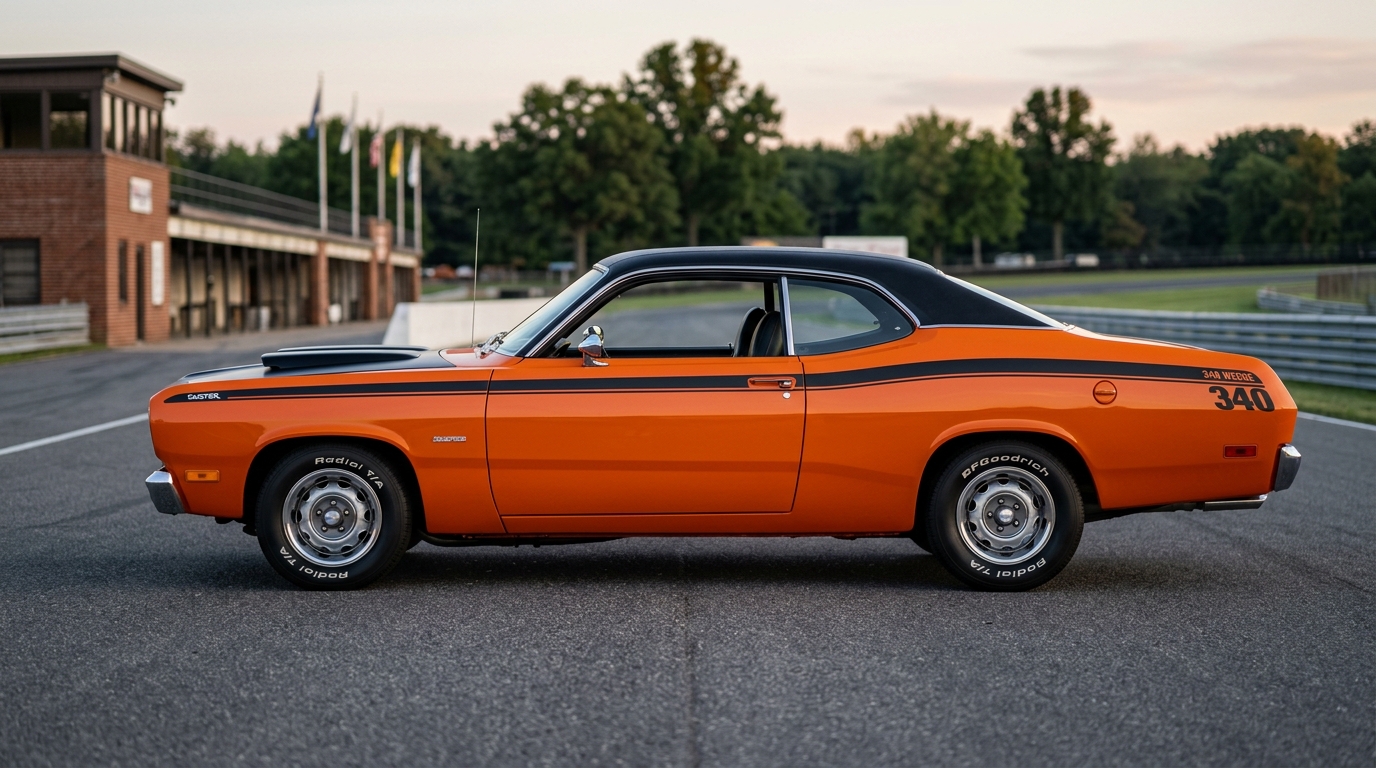 1971 Plymouth Duster 340 budget muscle car side profile in Vitamin C orange with black stripes