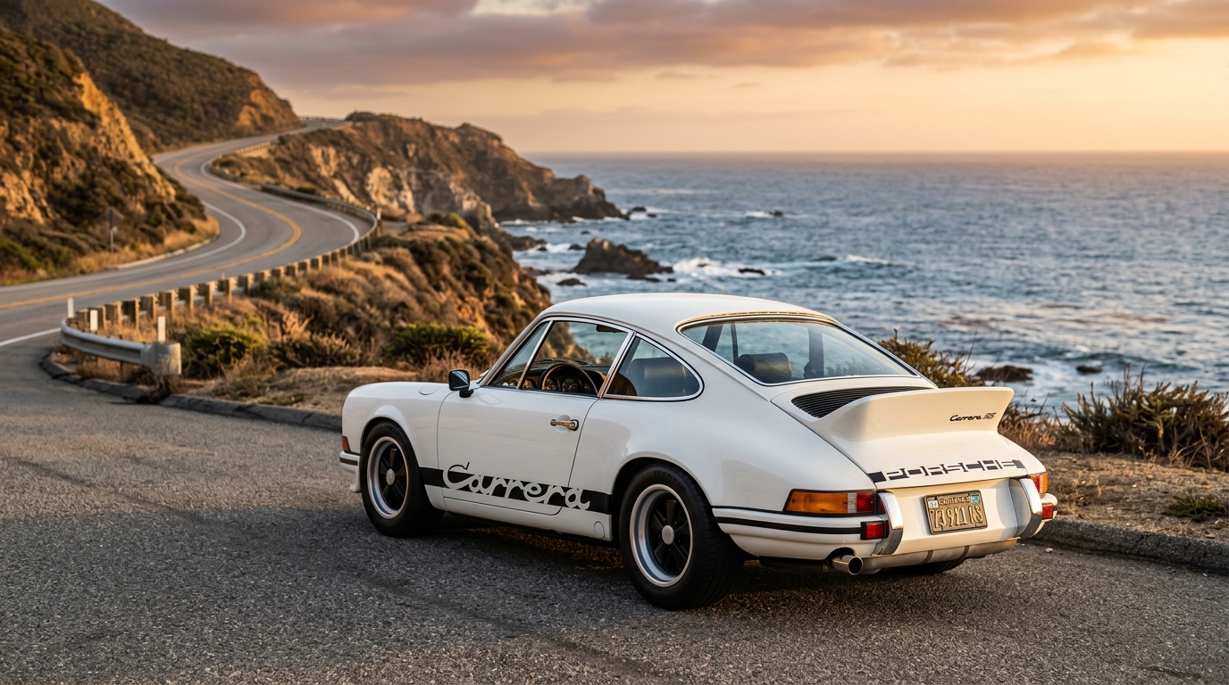 White Porsche 911 Carrera RS 2.7 in rear three-quarter view showing the ducktail rear spoiler and Fuchs alloy wheels on a coastal road