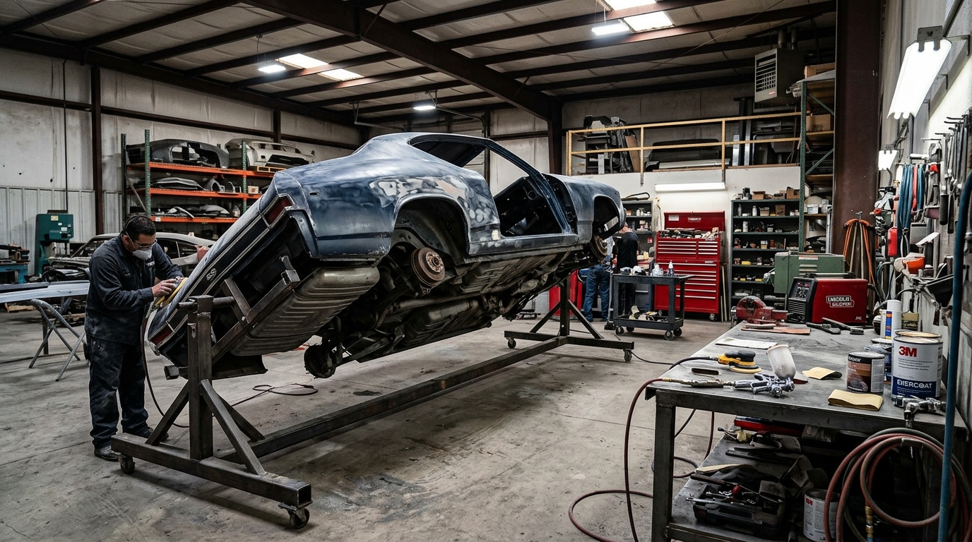 Classic car restoration in progress with parts laid out