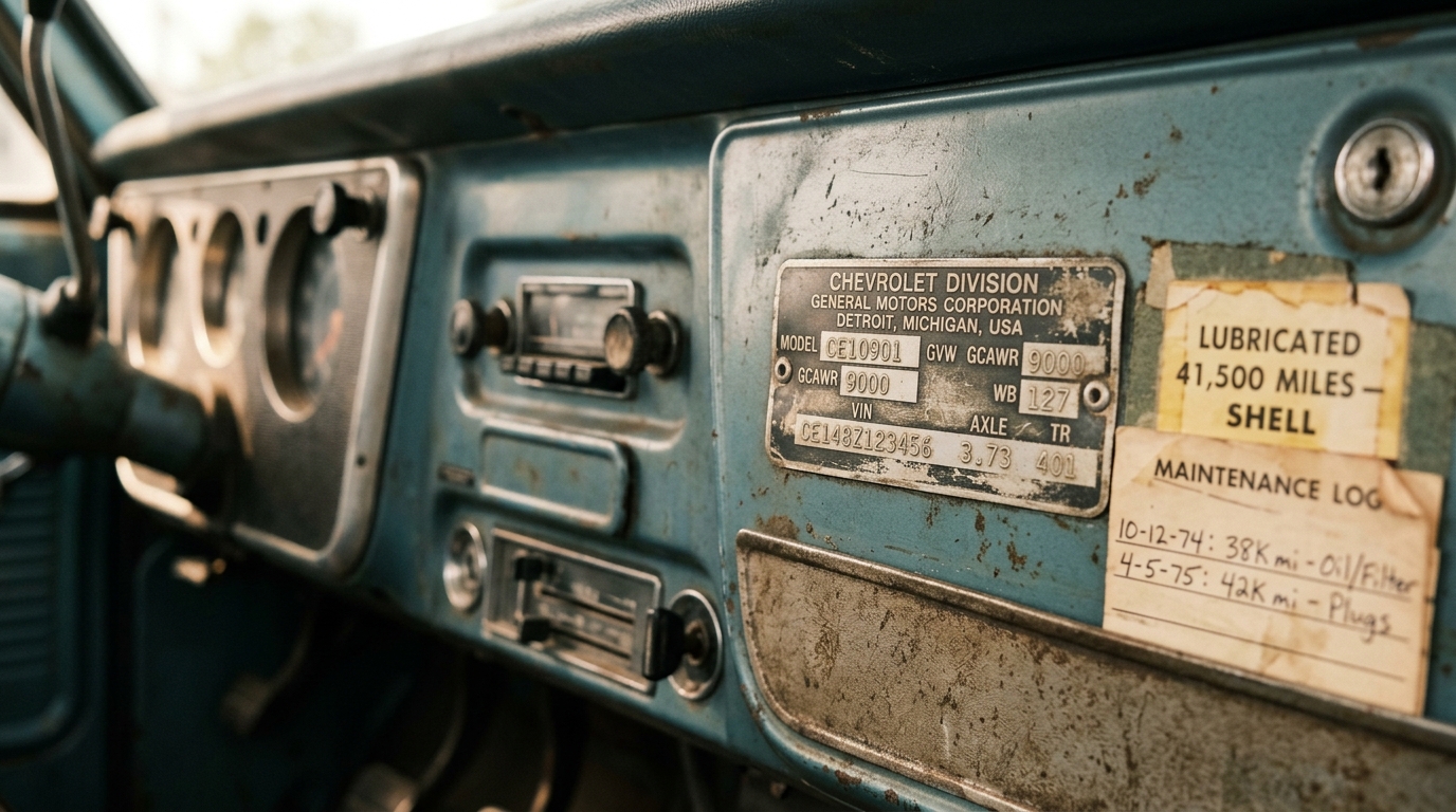 Classic American pickup truck dashboard with VIN plate visible