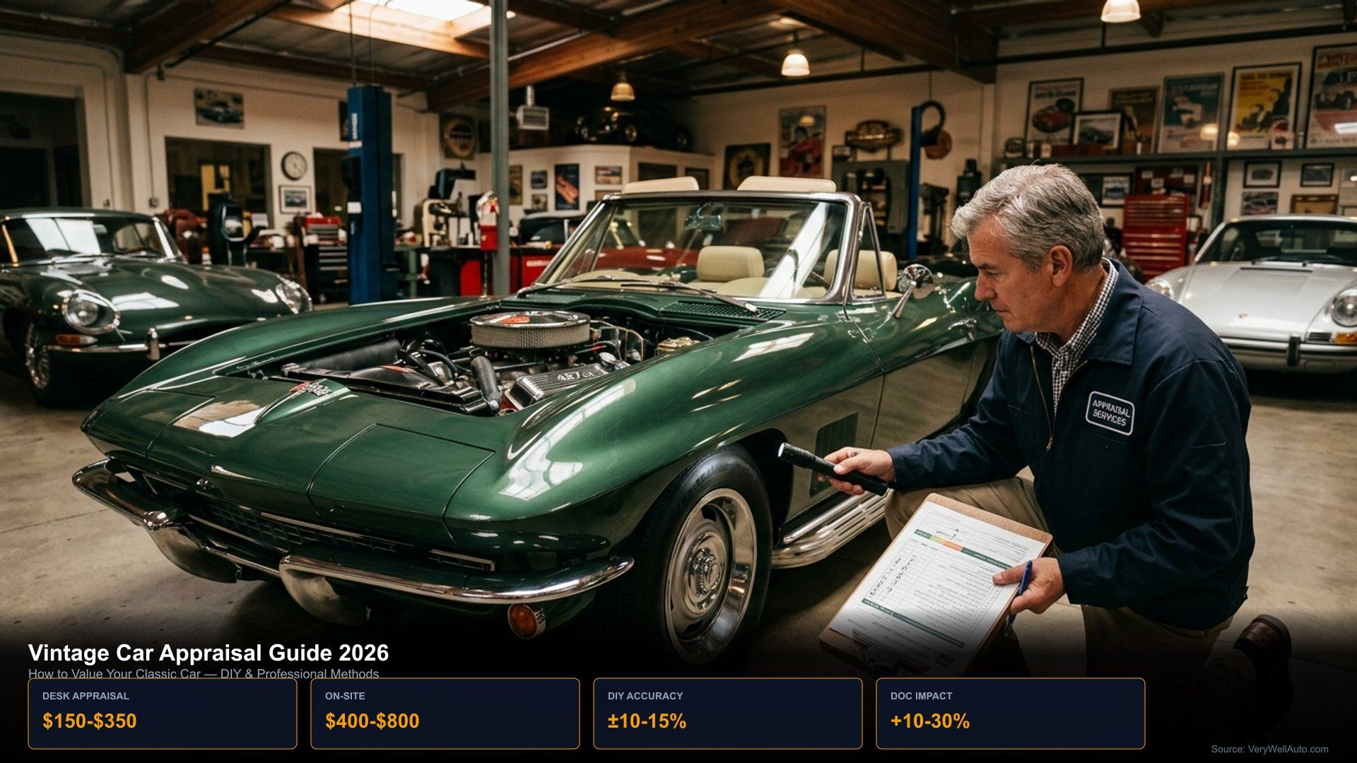 Professional vintage car appraisal scene with a 1960s classic car being inspected by an appraiser with clipboard, condition grading checklist, and valuation documents